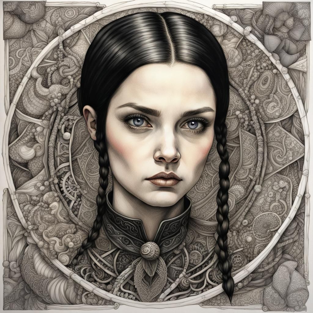 Wednesday Addams Portrait in Zentangle Style