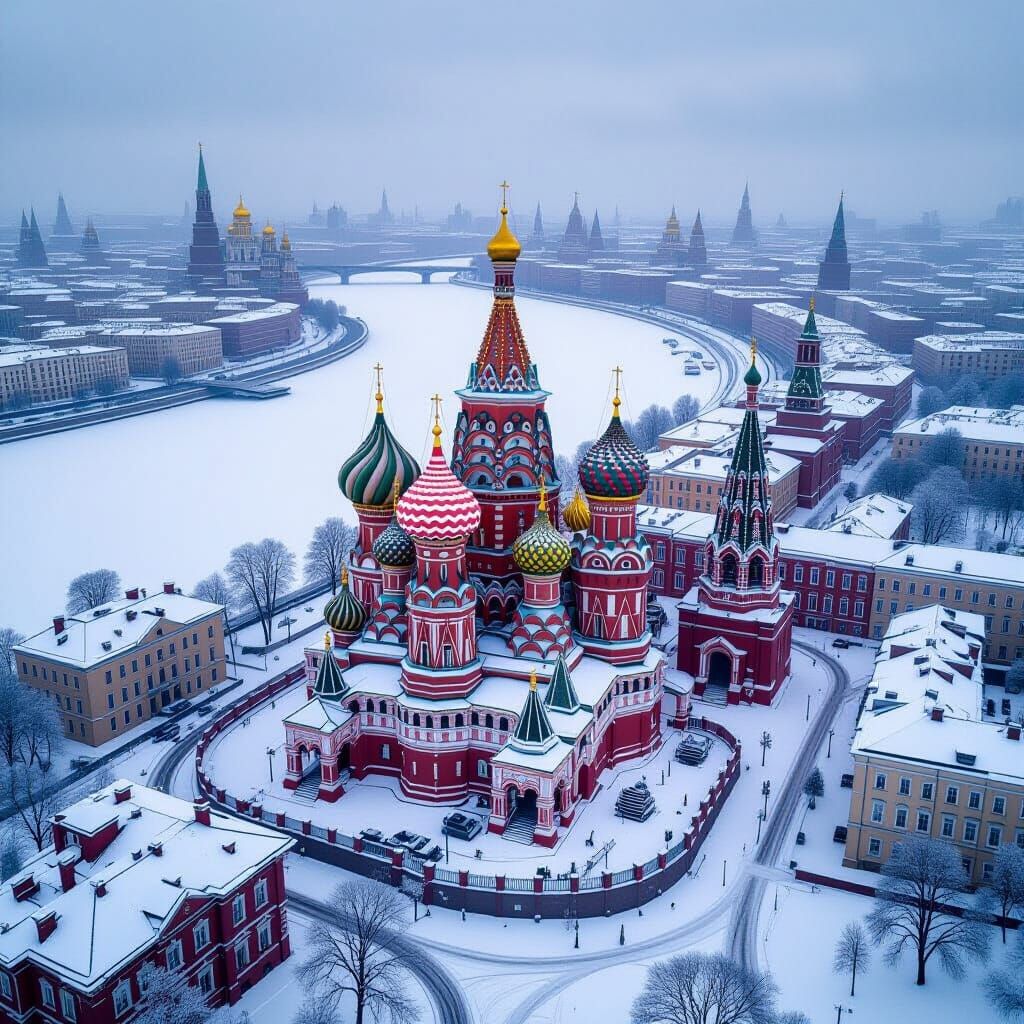 Moscow Winter Aerial View with Crimson Domes