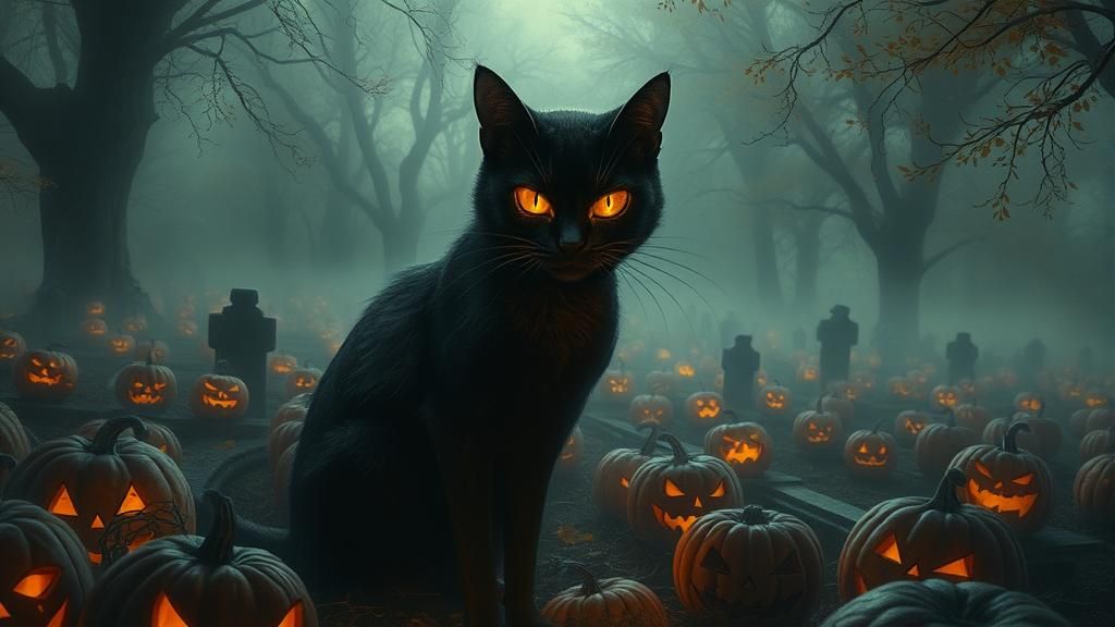 Sinister Halloween Cat in Graveyard, Hyperdetailed Art