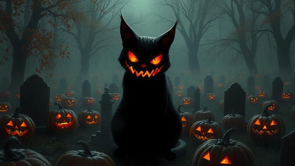 Black Cat Jack O'Lantern in Graveyard Horror Scene