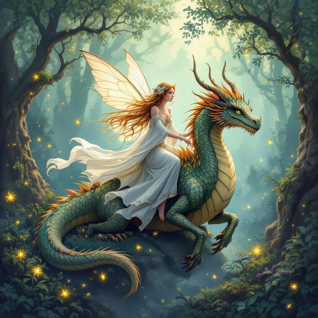 Fairy Riding Dragon in Whimsical Fantasy Forest