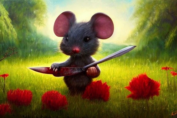 Chibi Mouse Knight in Lush Meadow Oil Painting