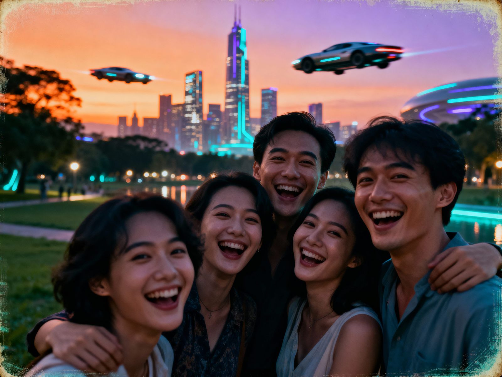 Emotional Reunion of Friends in Futuristic City Park
