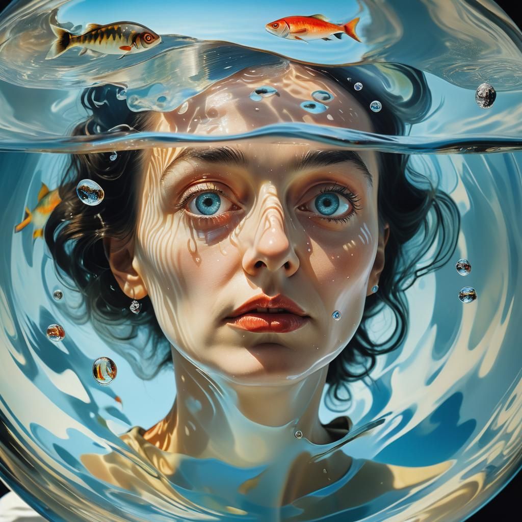 woman with her head in a fish bowl surrealism