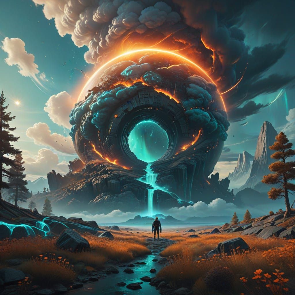 Dreamlike Portal Universe Illuminated by Golden Light