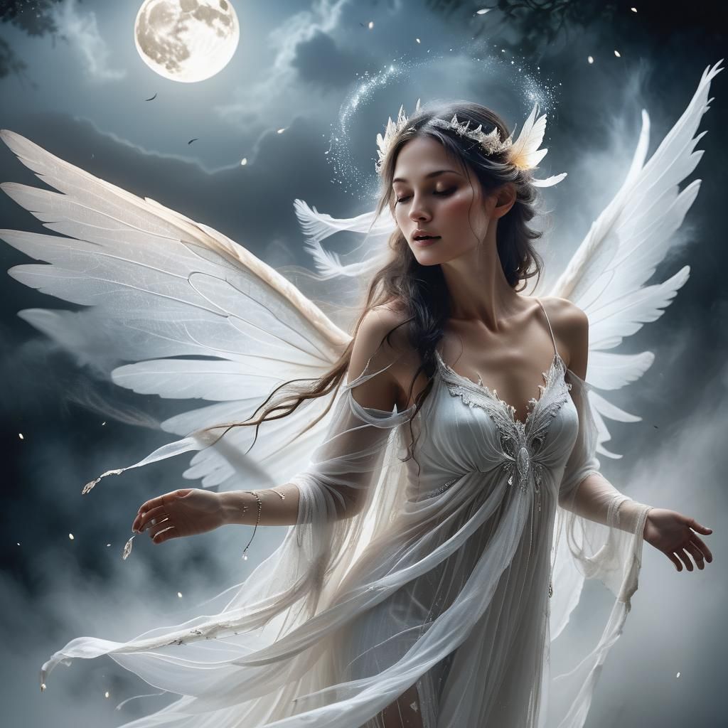 Ethereal Fairy Emerges from Moonlit Mist