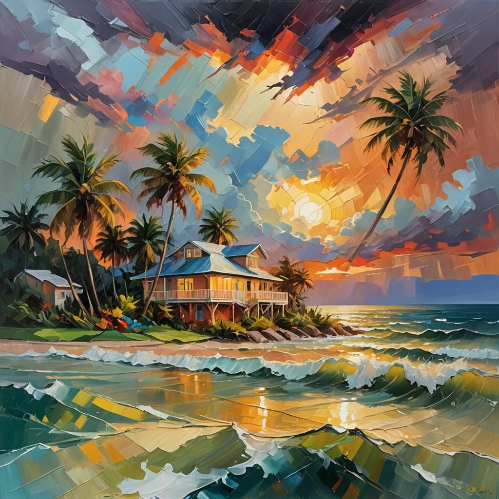Stormy Seascape: Hurricane Hits Florida Home as Impasto Pain...