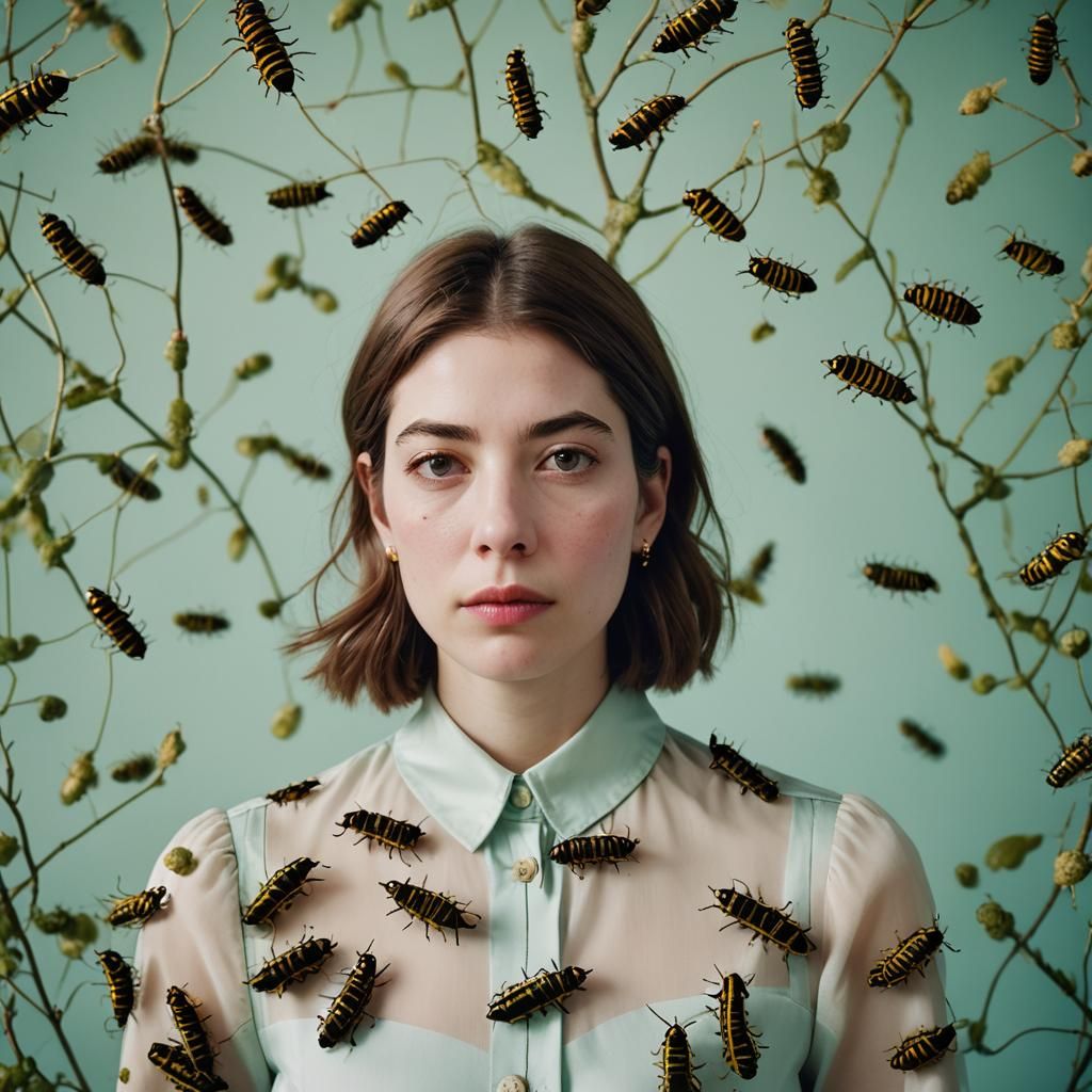 High-Fashion Portrait with Caterpillars in Avant-Garde Style