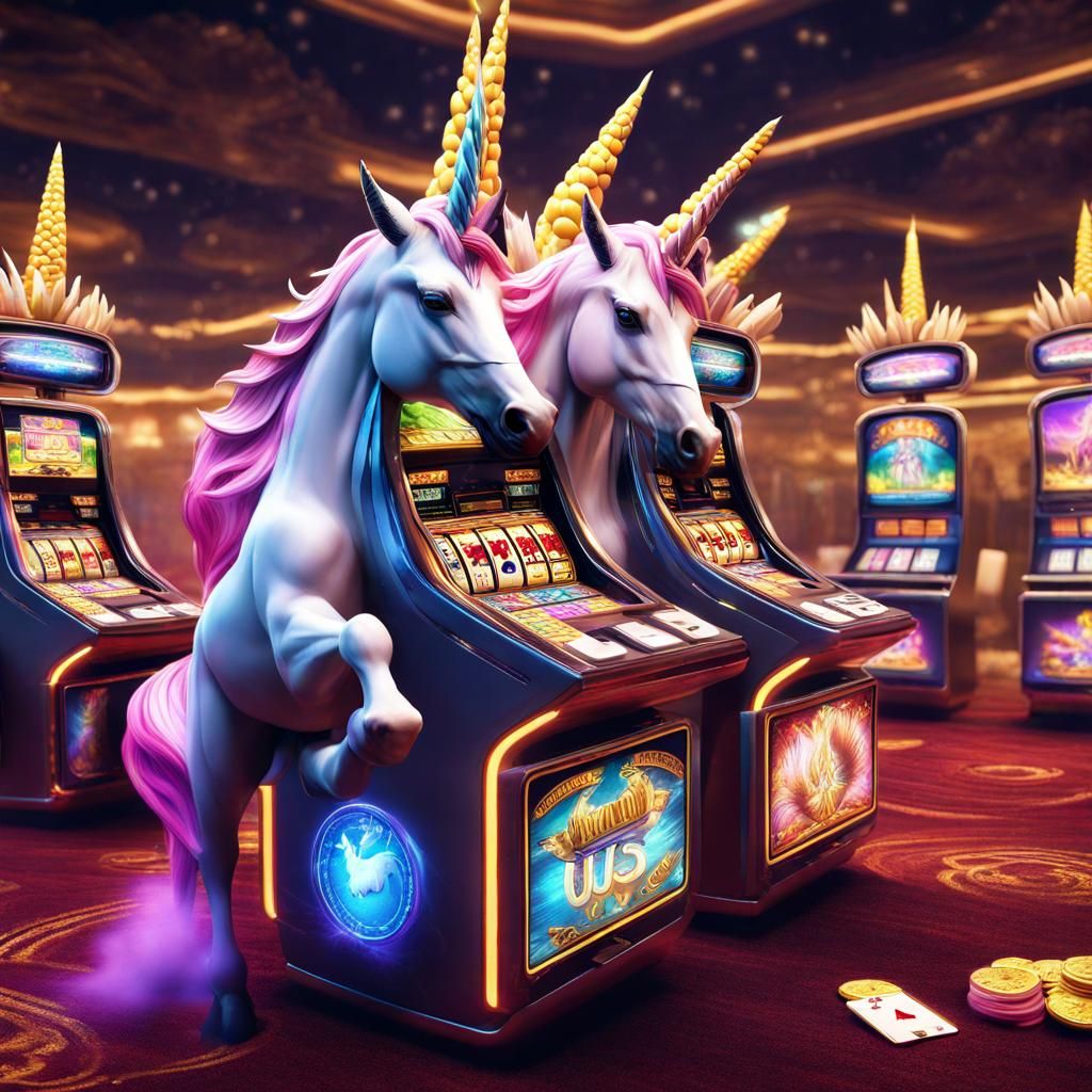Unicorns Gambling at Slot Machines: Fantasy Concept Art