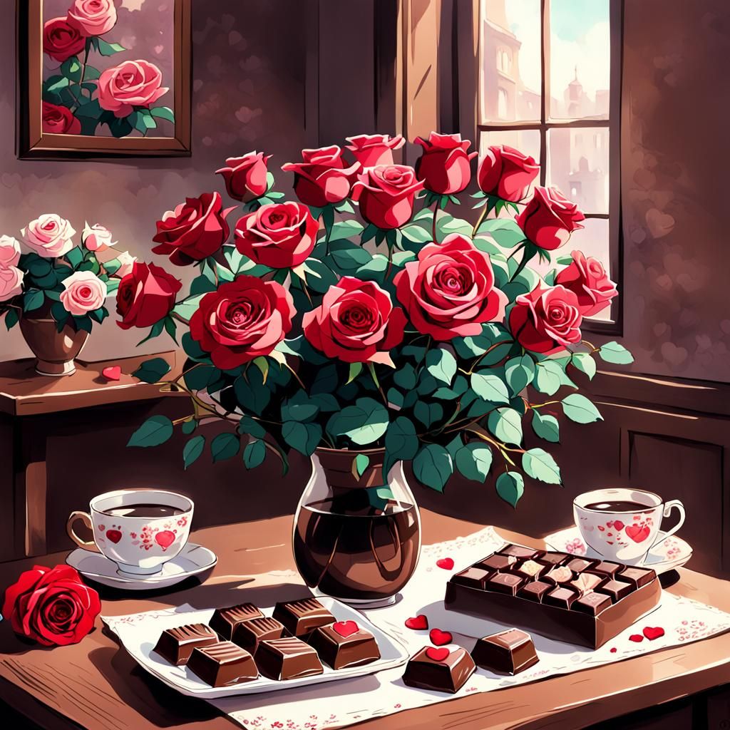 Valentine's Day Roses and Chocolates in Anime Style