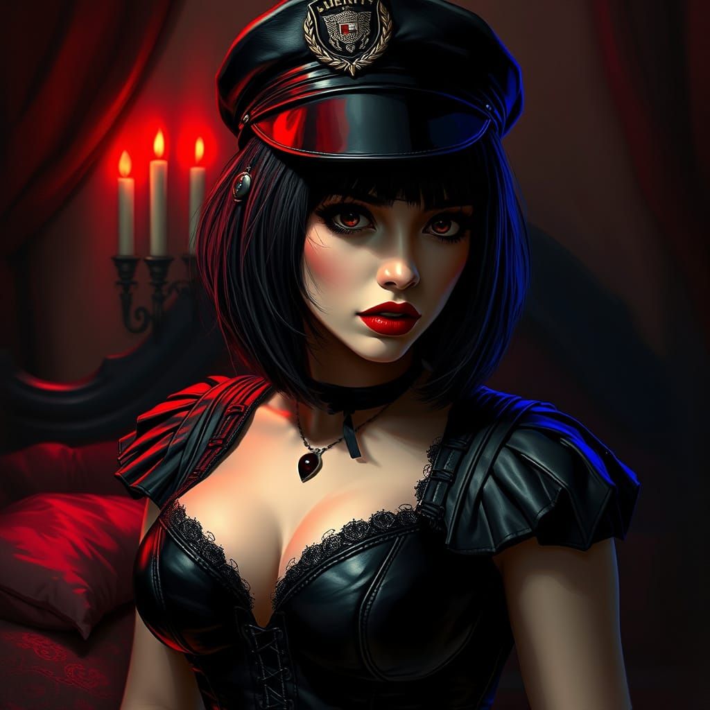 Gothic Mistress with Police Cap in Dark Noir Style