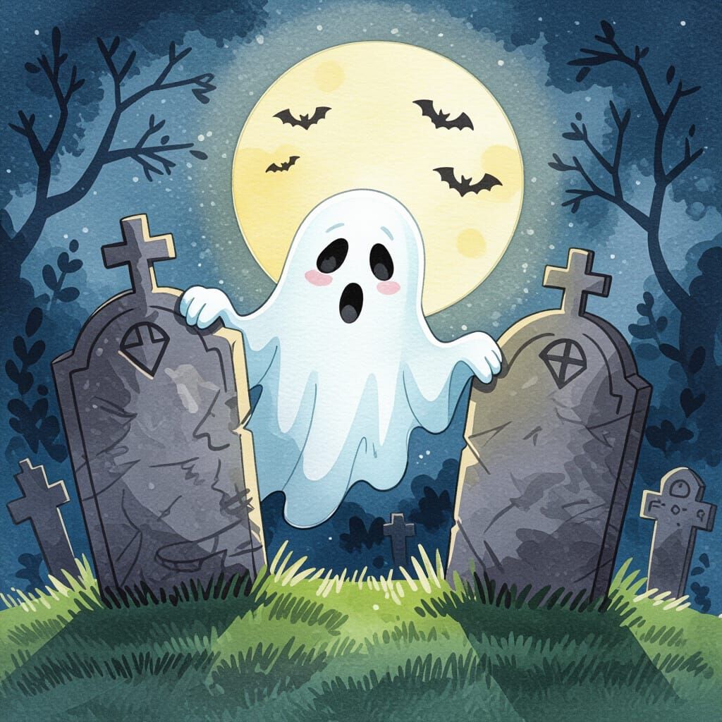 Watercolor Ghost Peeking From Tombstone