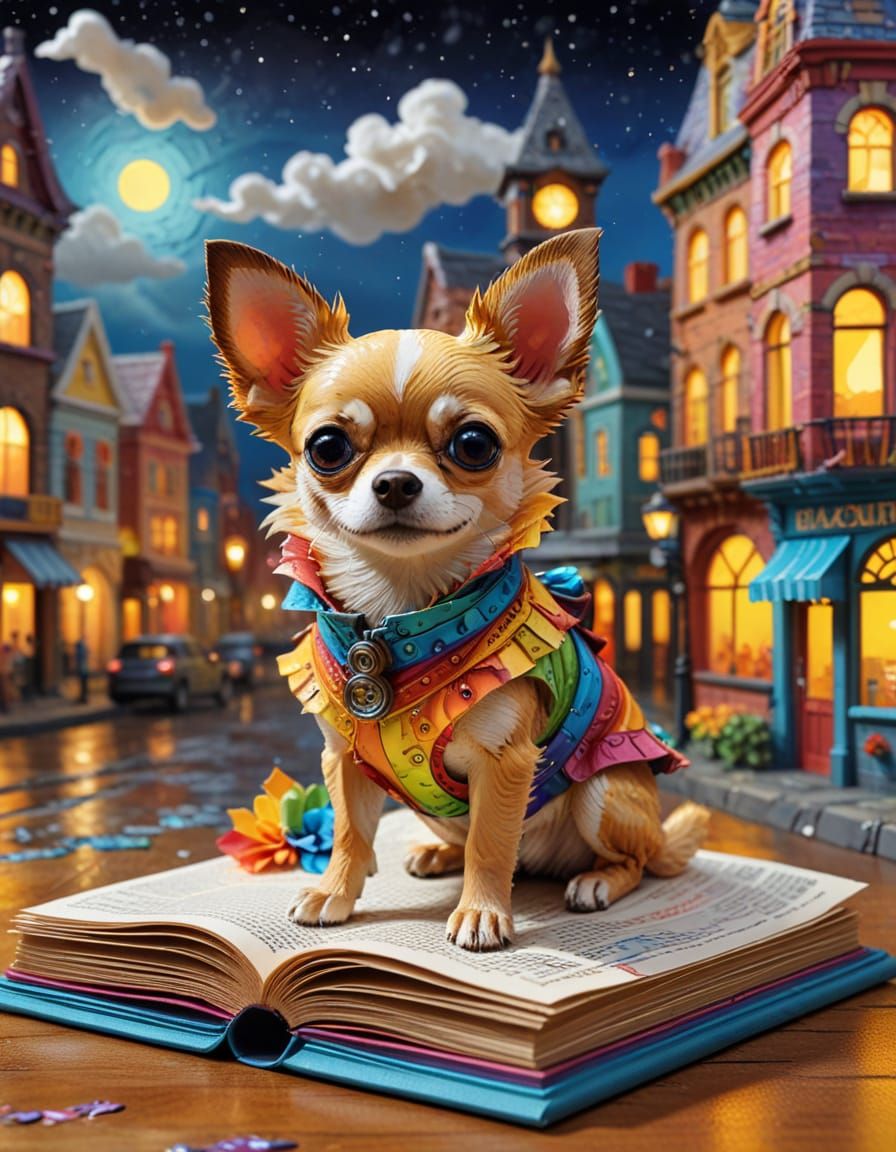 Steampunk Chihuahua Explores Pop-Up City in Paper Art Style