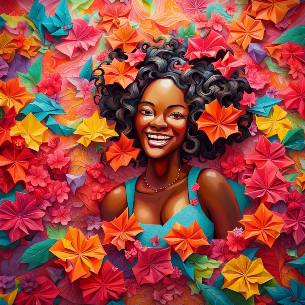 Barbados Woman Surrounded by Origami Hibiscus Flowers