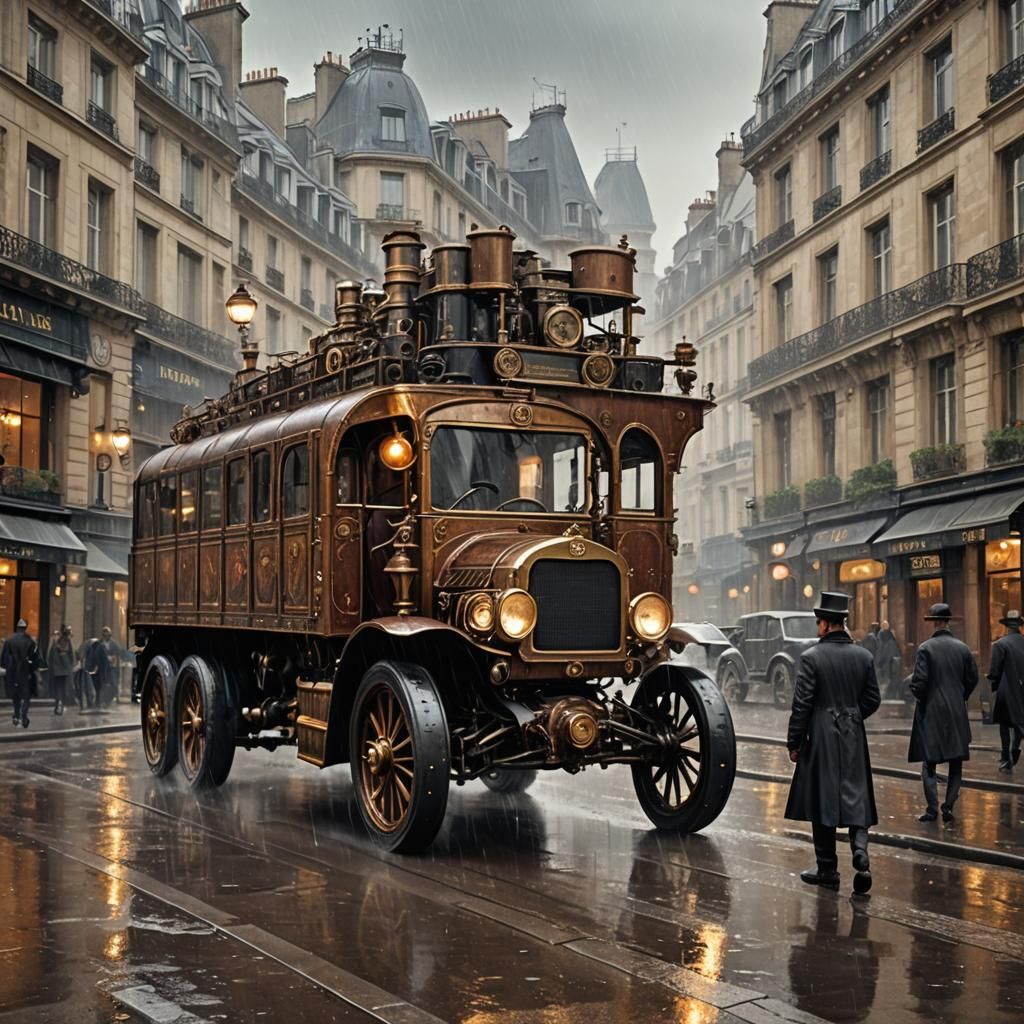Steampunk Truck in Victorian Paris Rainy Scene