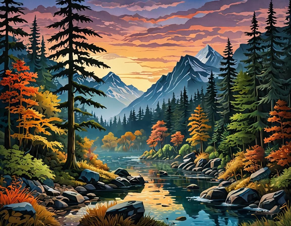 Autumn Forest River in Paper-Cut Gouache Style