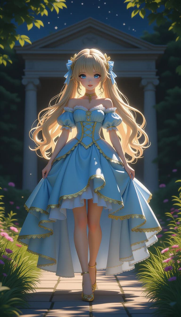 Anime Girl in Ballgown in Dark Garden