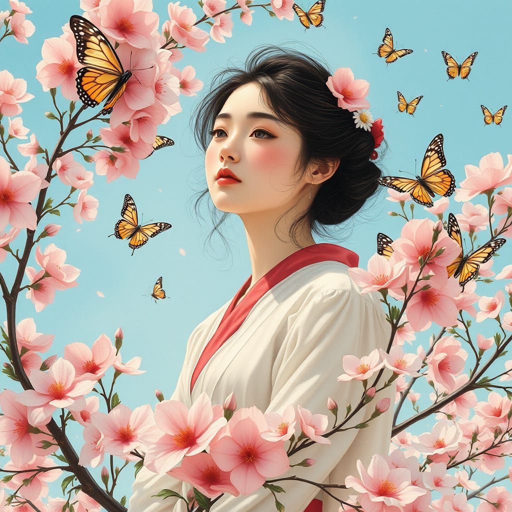 Cherry Blossom Woman in Art Nouveau Style