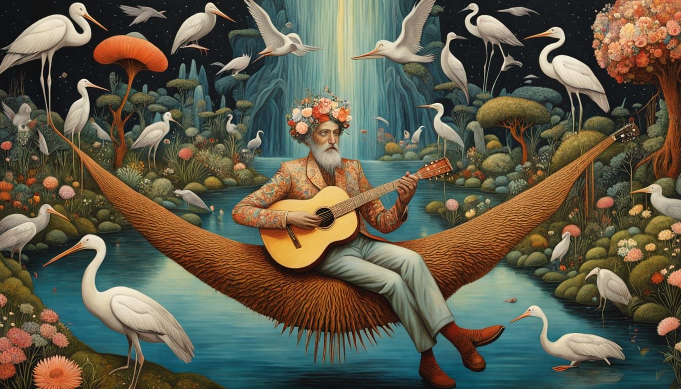 Psychedelic Utopia with Accordionist in Vibrant Colors