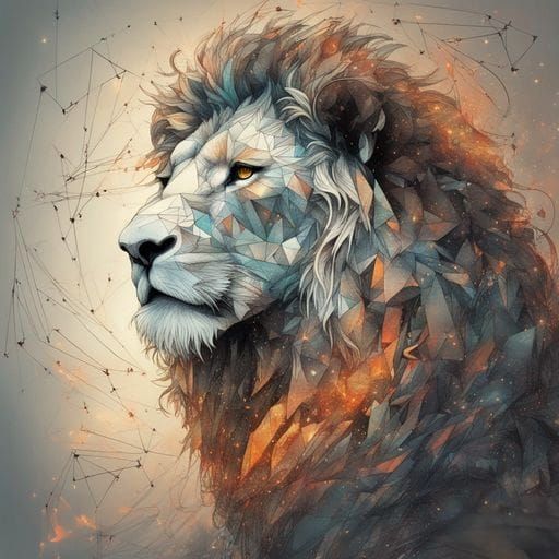 Triangular Lion in Forest with Smoke and Fractals