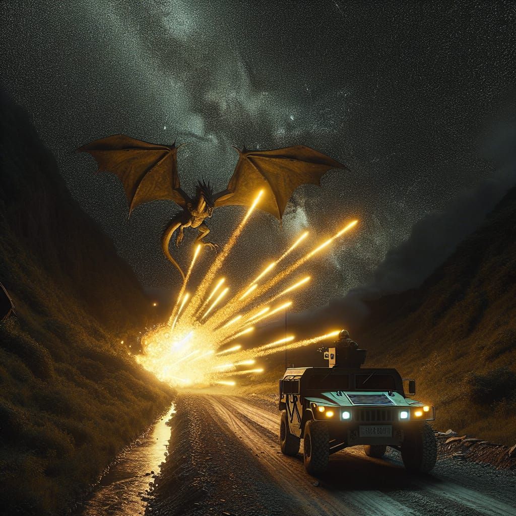 Armored Vehicle Fires on Wyvern in Wilderness Night