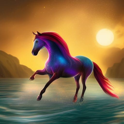 Colorful Galaxy Horse Galloping at Sunset