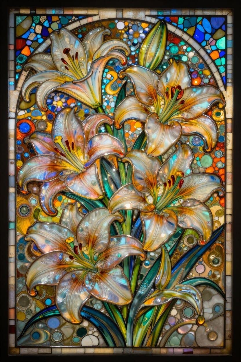 Vibrant Fluid Art Lilies with Murano Glass and Art Nouveau F...