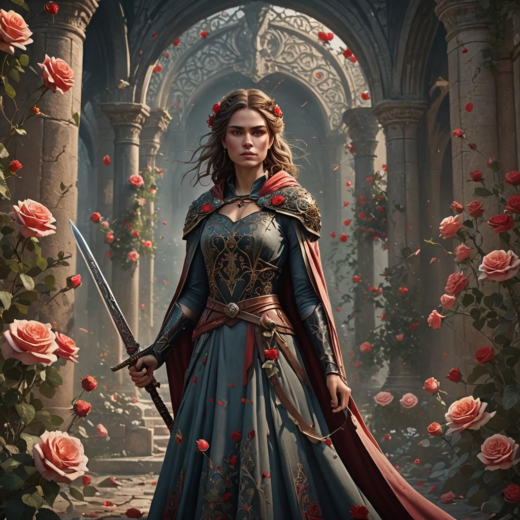 Woman with Sword Surrounded by Roses