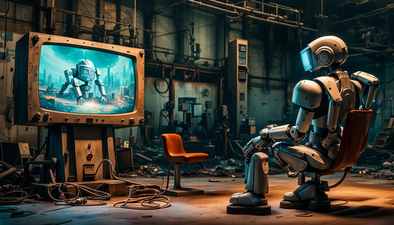 Retro Robot Watches TV in Abandoned Factory