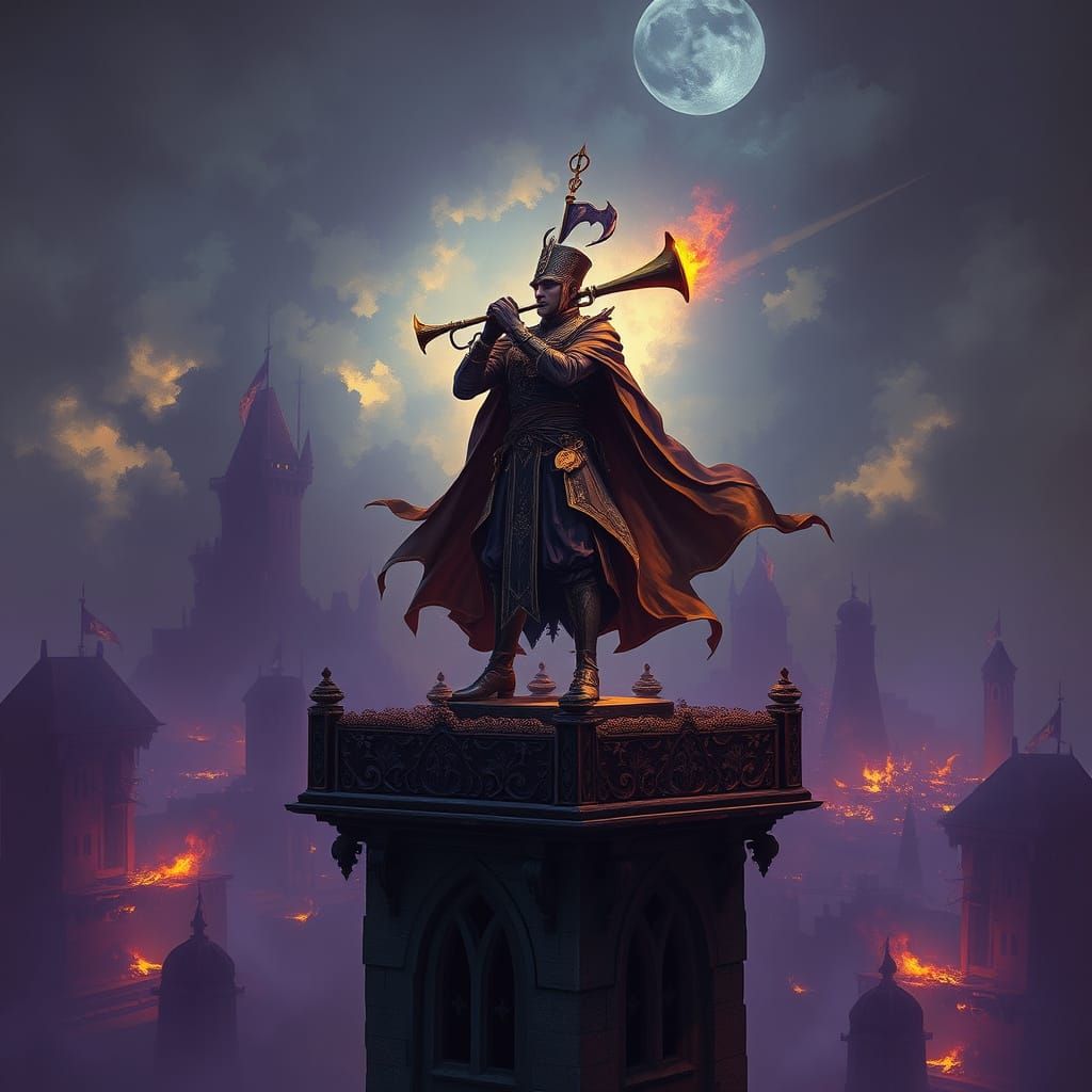 Tower Watchman Blows Trumpet in Apocalyptic Dark Fantasy