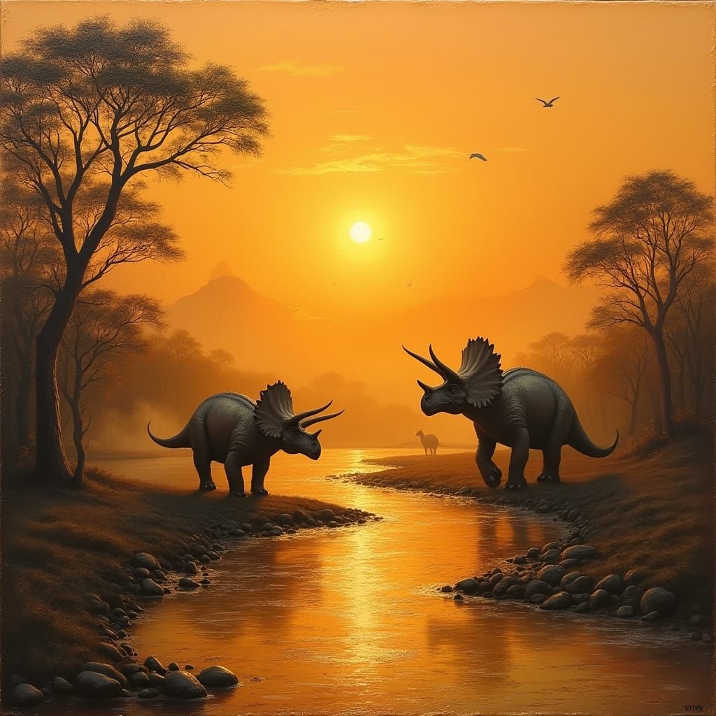Prehistoric sunset scene.