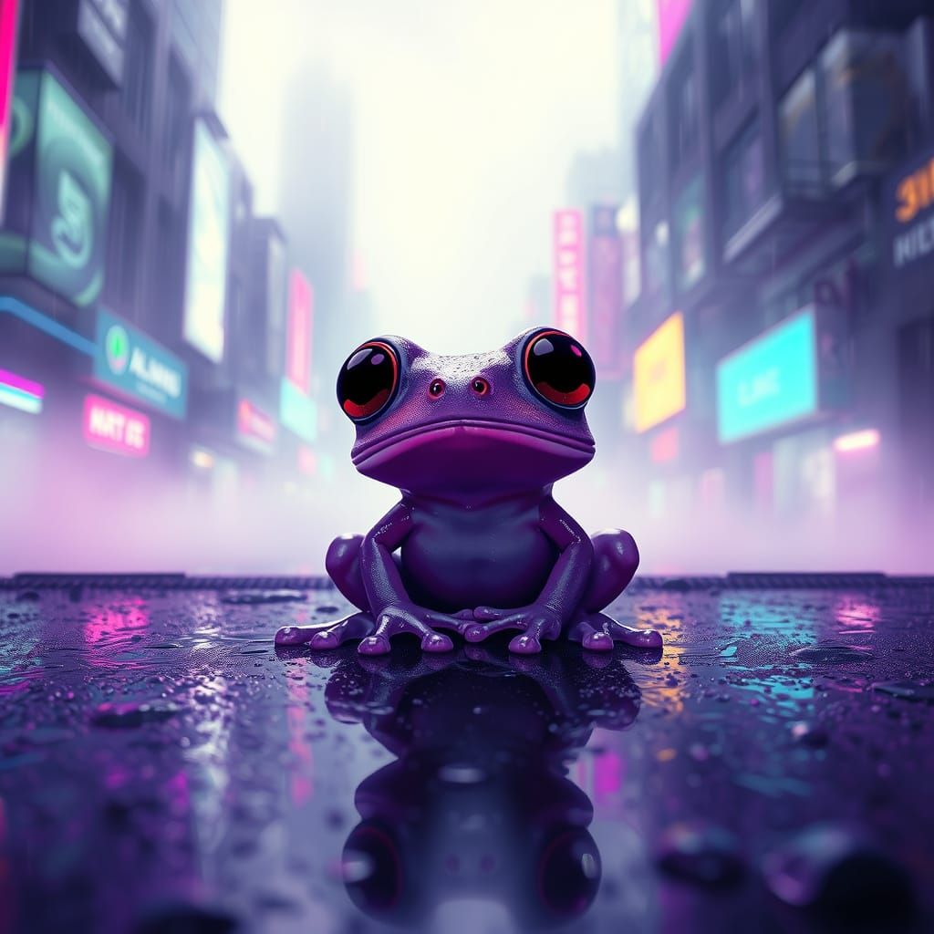 Futuristic Purple Frog in Neon City