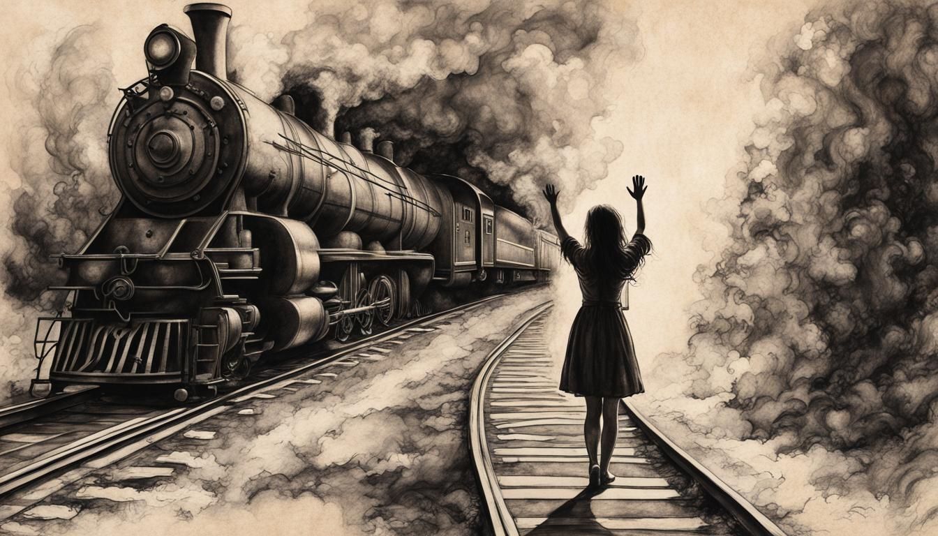 Girl Waving at Train: Charcoal Steampunk Art
