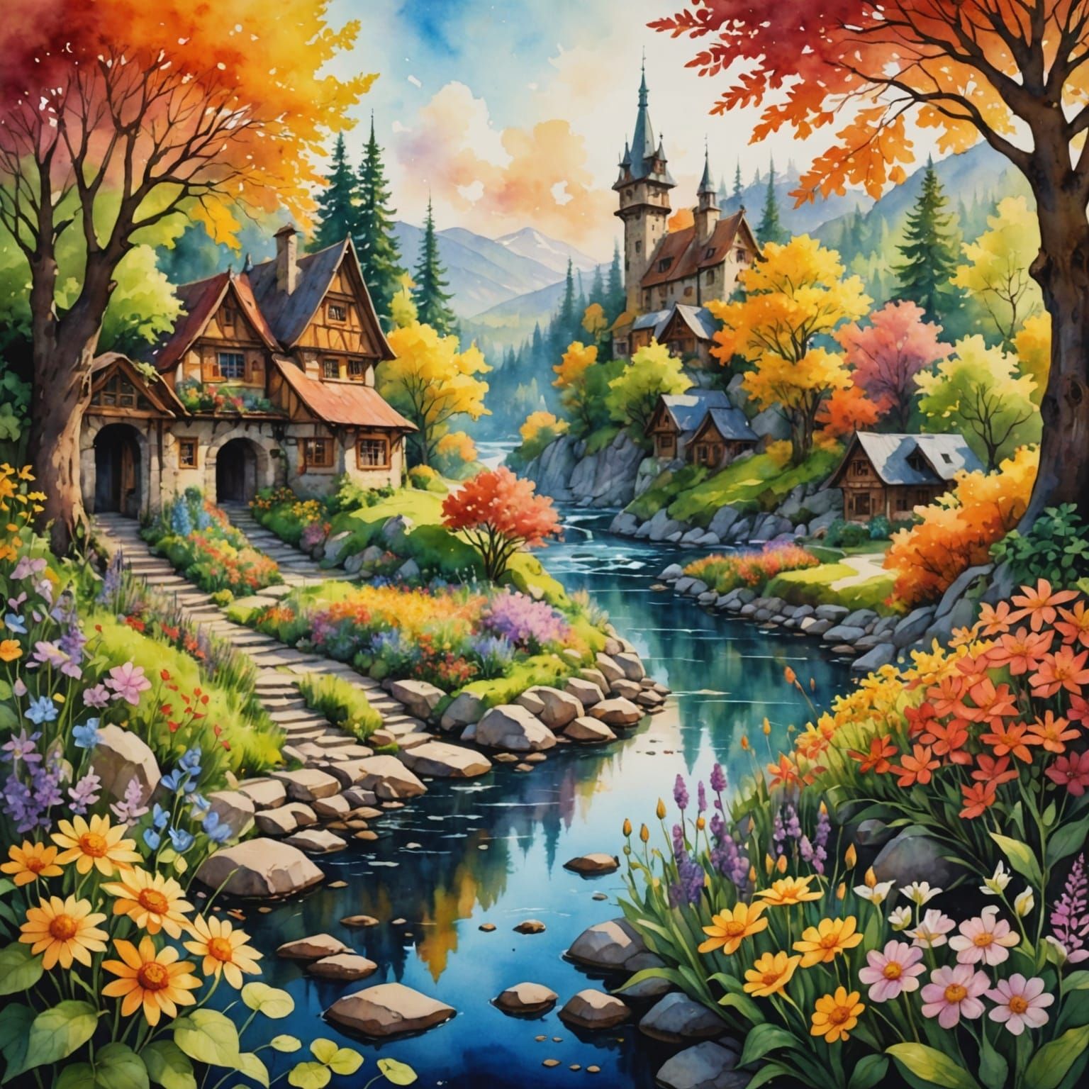 Vibrant Solarpunk River Scene in Watercolor