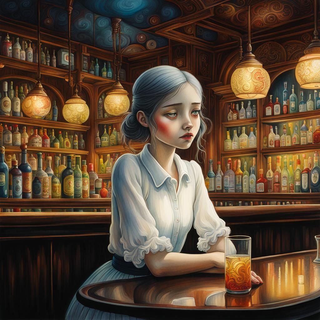 Melancholic Girl in Bar: Watercolour Fantasy