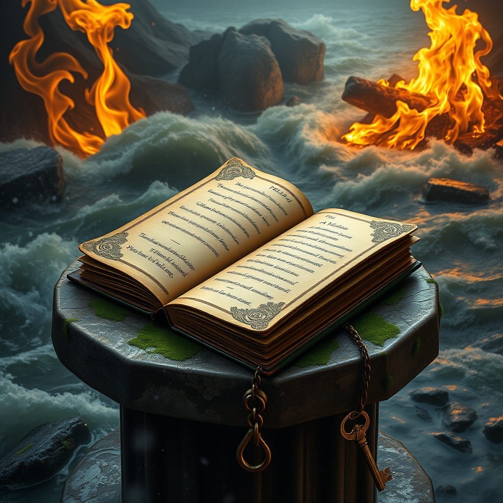 Surrealist Diary Scene with Golden Filigree and Turbulent Wa...