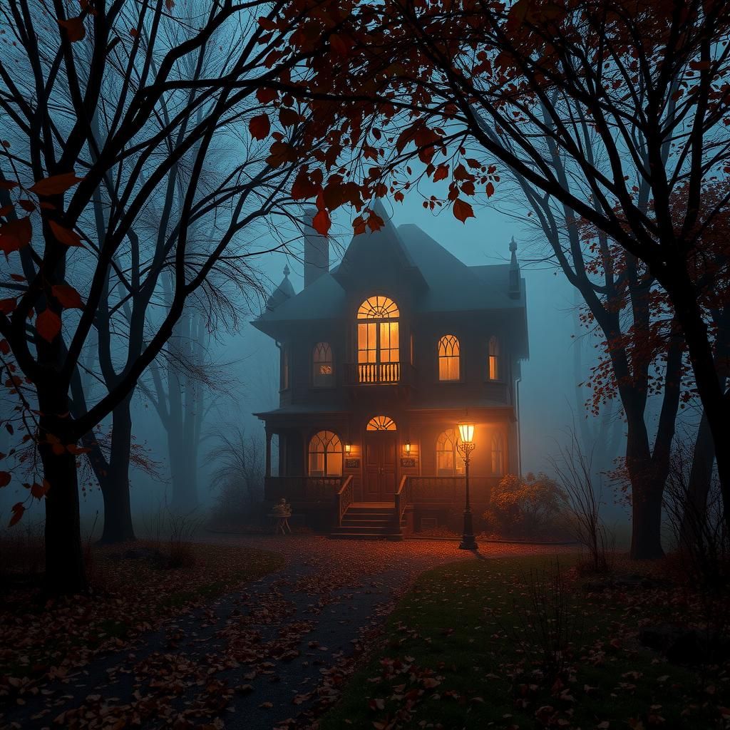 Steampunk Halloween House in Foggy Autumn Wonderland