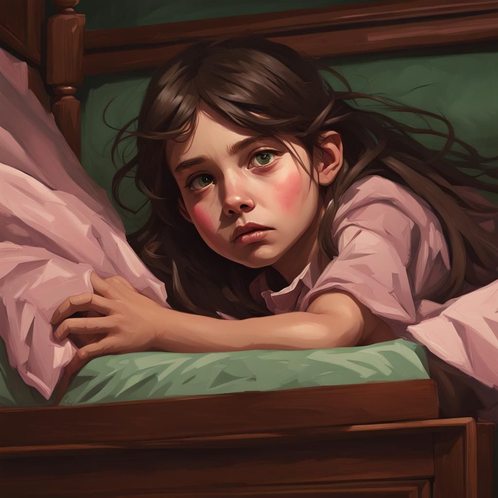 Scared Girl Hiding Under Bed: Hyperdetailed Portrait