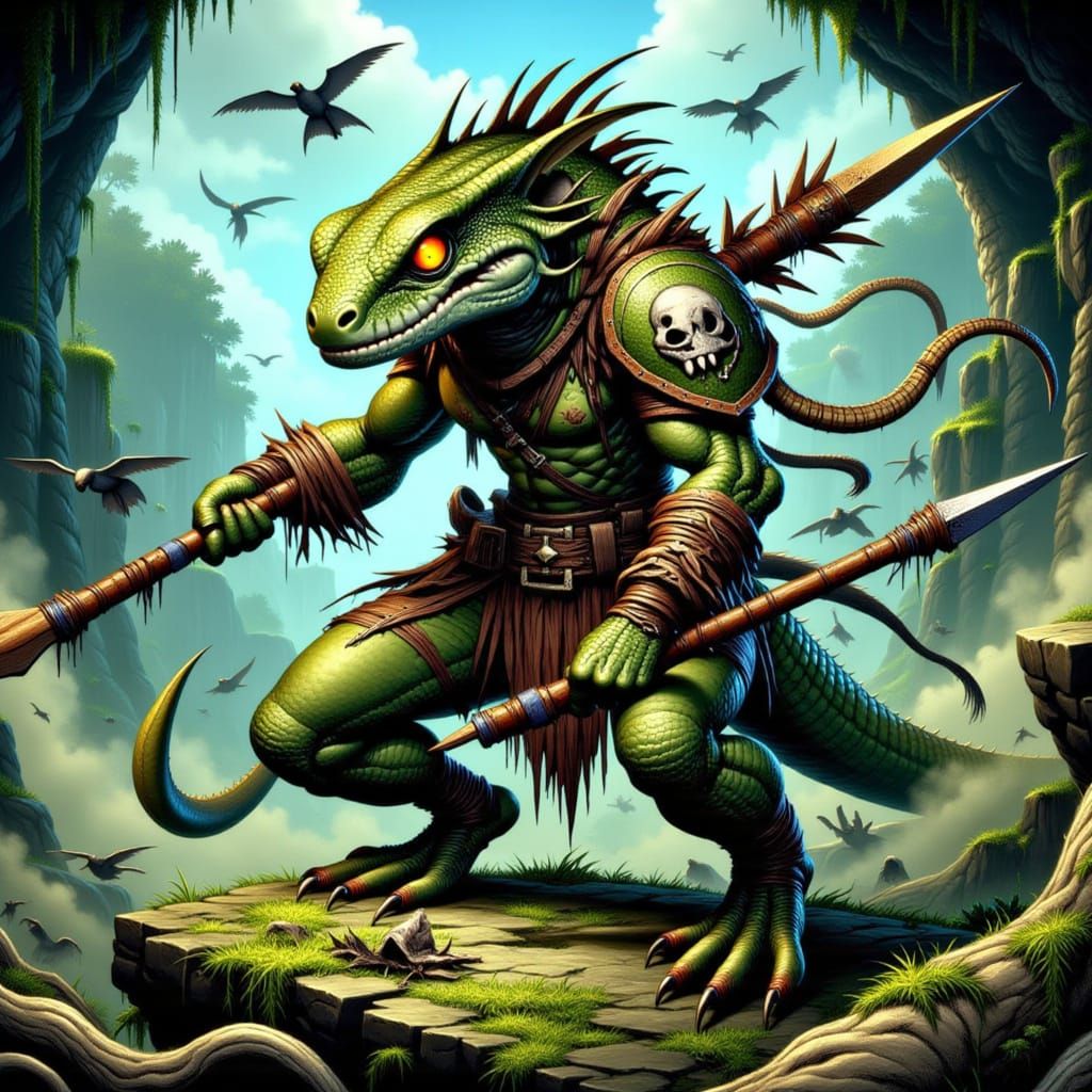 Fierce Lizard Warrior in Skull Armor