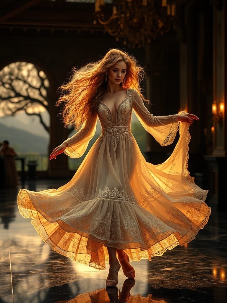 Ballroom Dancer in Rustic Mountain Village at Sunset