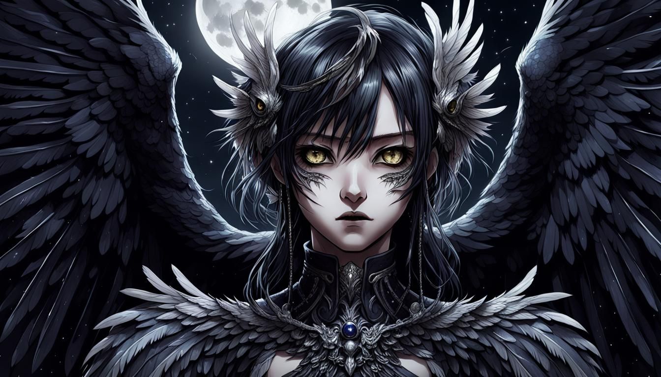 Gothic Anime Harpy with Ebony Feathers