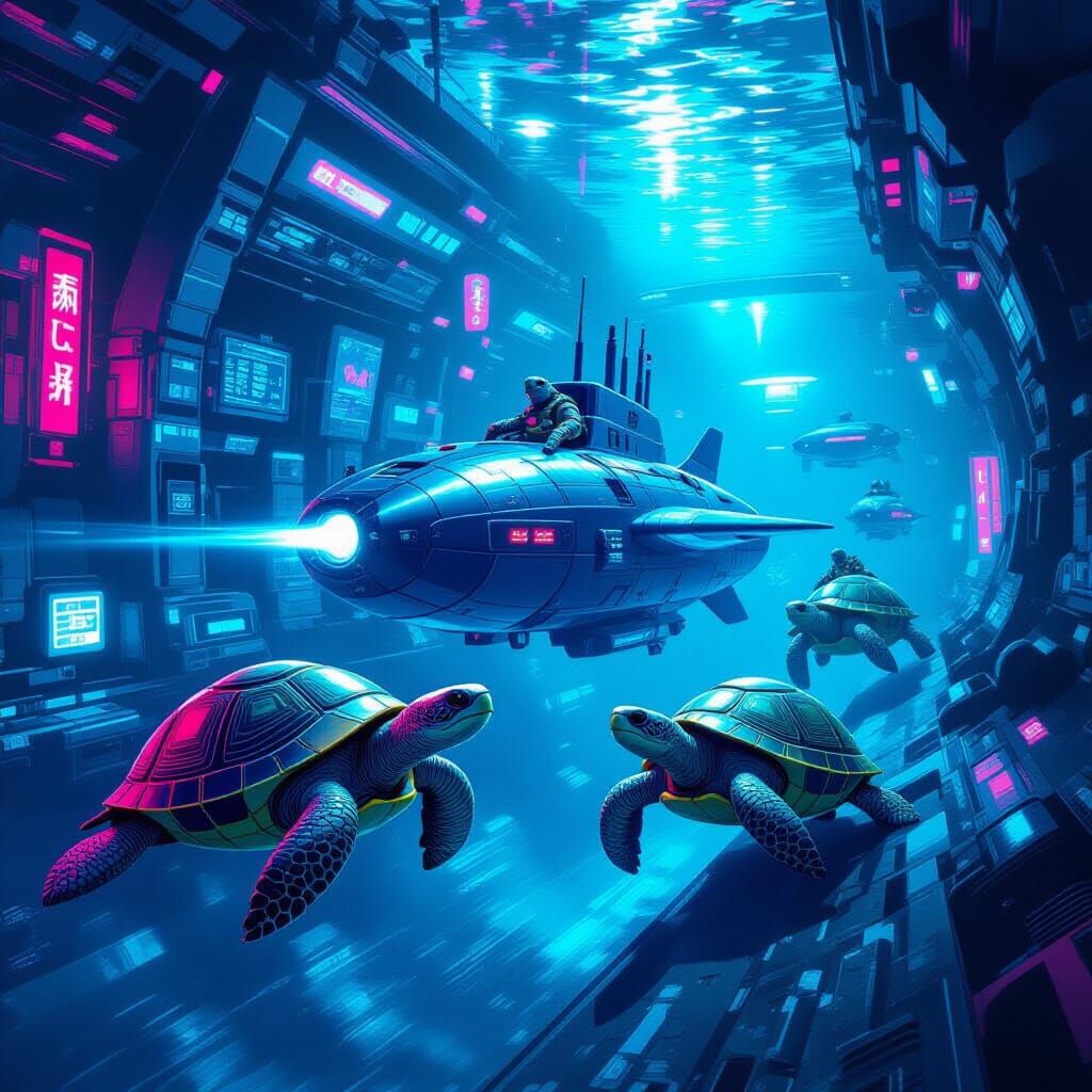 Tortoises Navigate Futuristic City in Submarine Uniforms