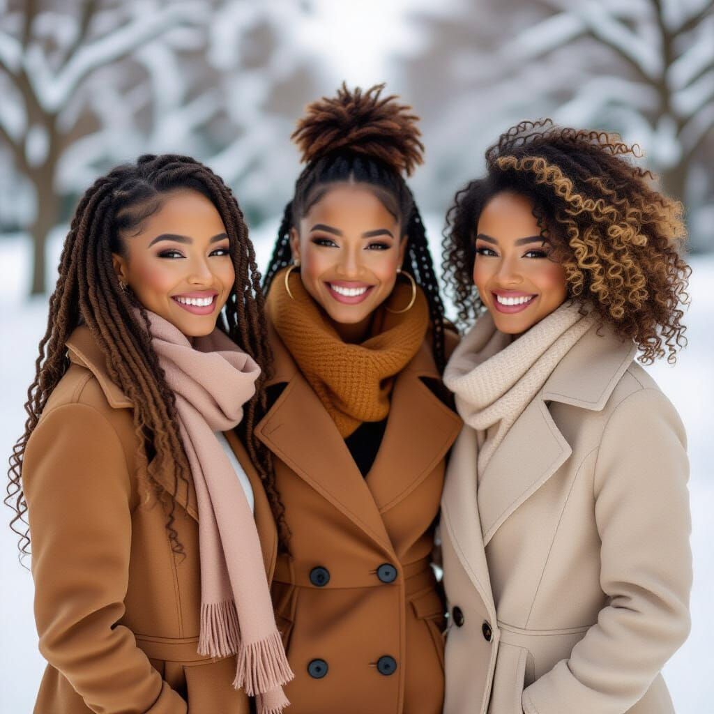 Joyful Black Sisters in Winter Fashion, Photorealistic Style