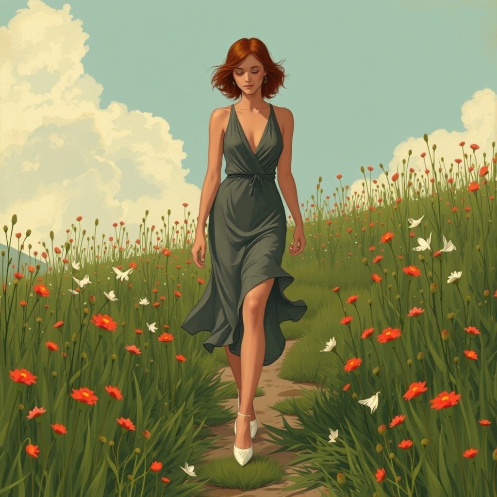 Woman Walking in Clover Field, Art Nouveau Style