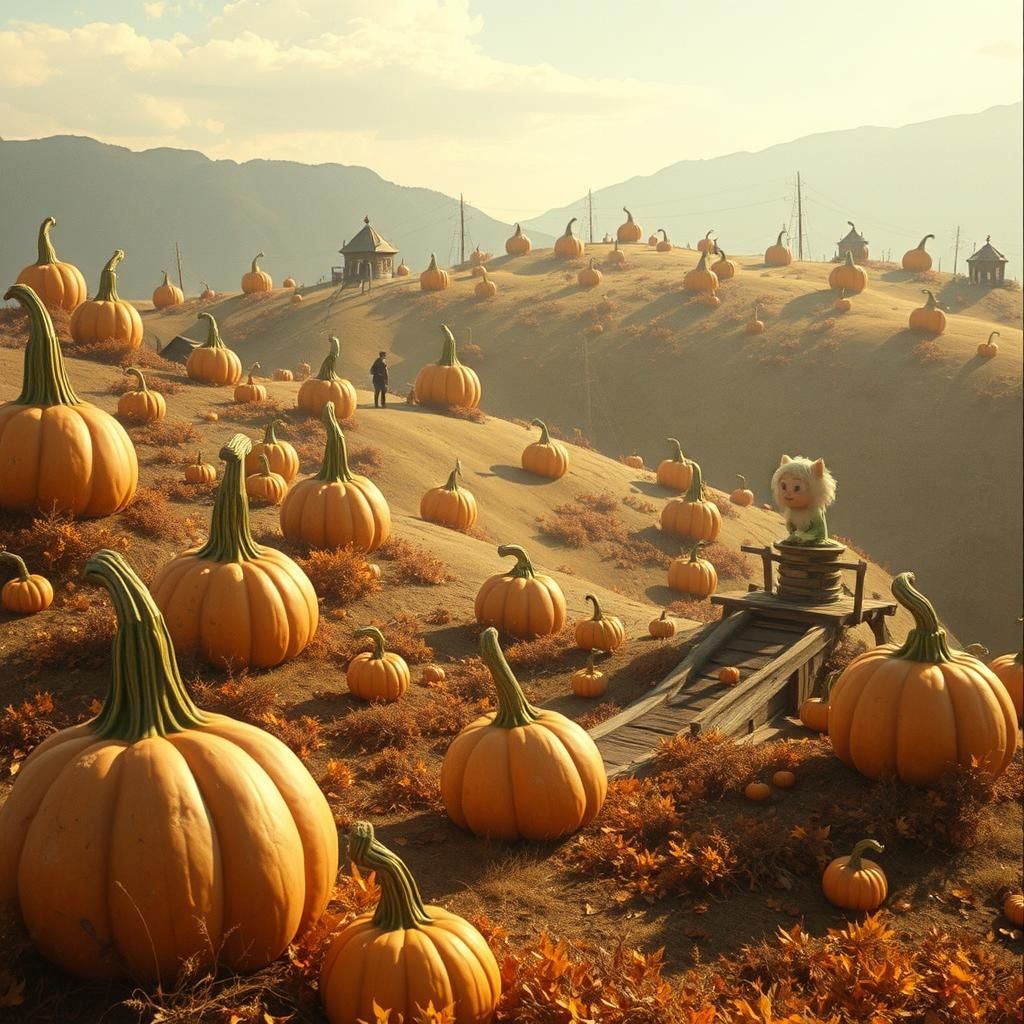 Whimsical Gourd Harvest Festival in Dreamlike Landscape