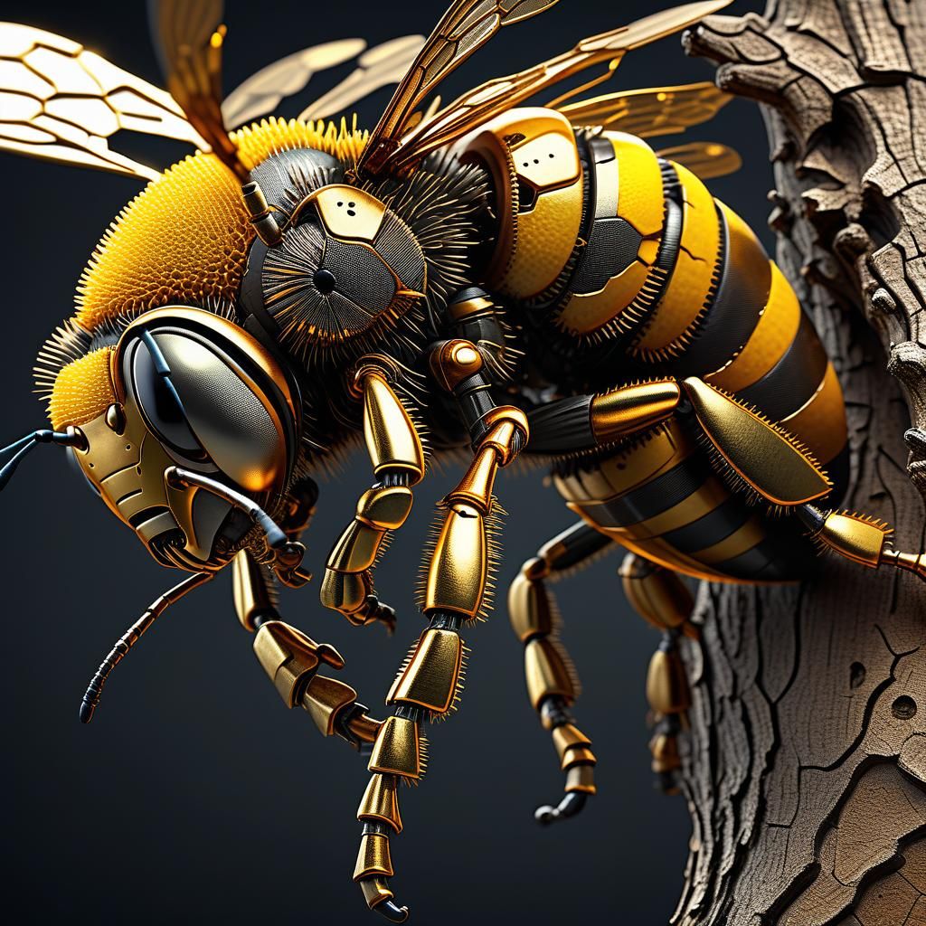 Mechanical Bee on Branch in Steampunk Style