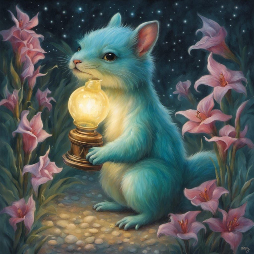 Cute Creature with Lamp in Enchanted Forest