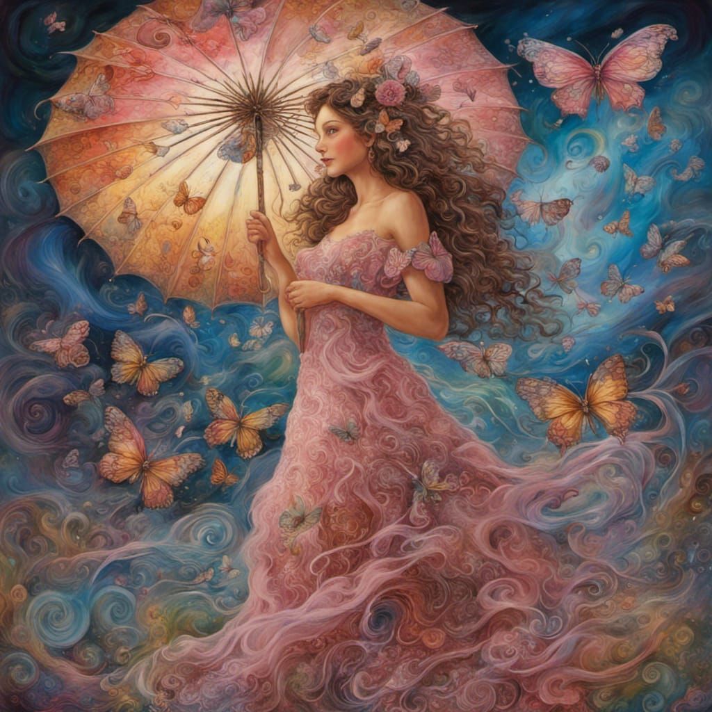 Woman with Butterfly Parasol in Art Nouveau Style