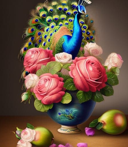 peacock in bowl with roses