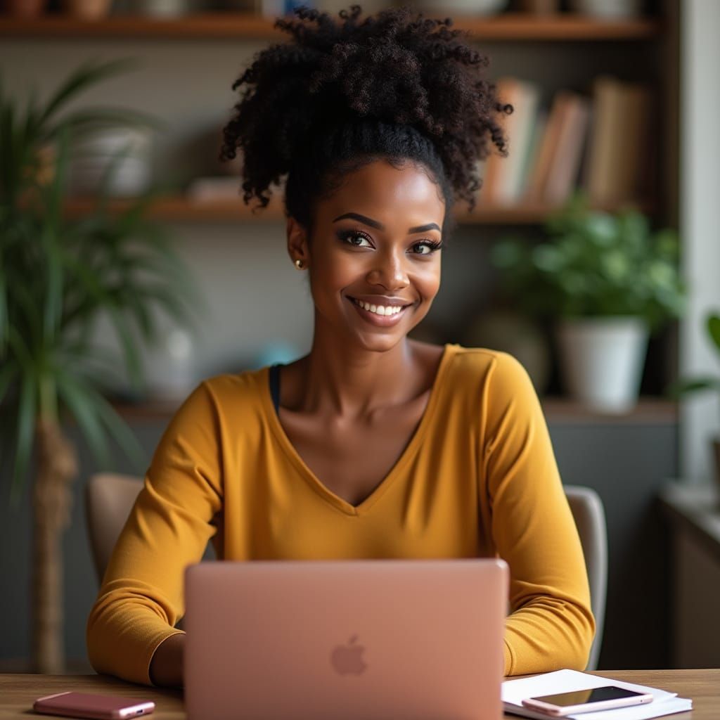 African American Woman with Laptop in Cozy Home Office